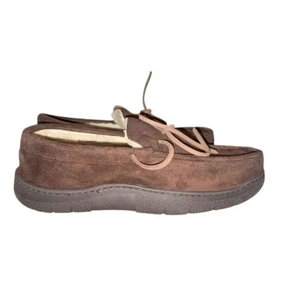 Dearfoams Men’s Microsuede Toby Moccasin Slippers Coffee Sz. M 9/10 Fleece Lined
